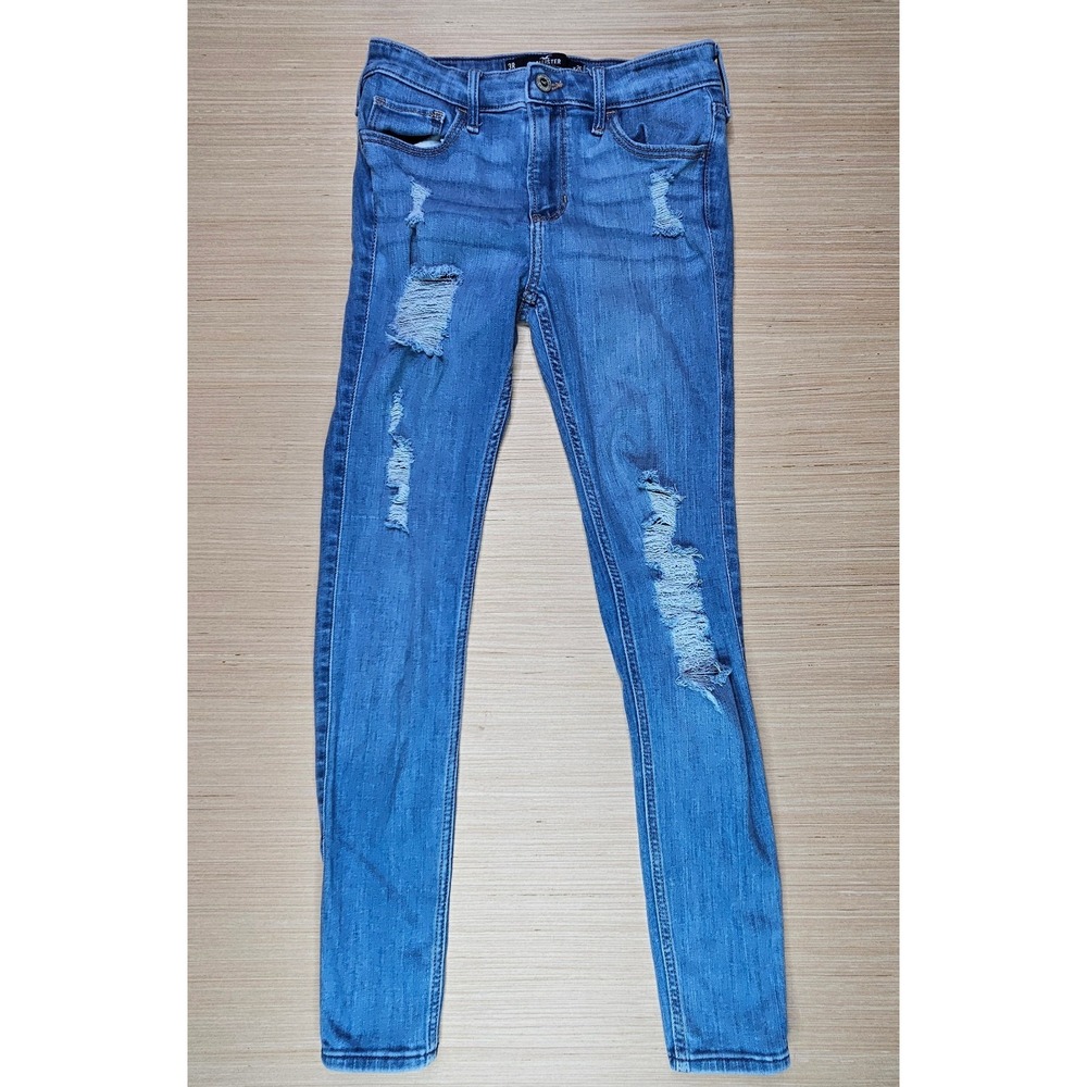 Hollister Mid-Rise Super Skinny Jeans Womens 3R Blue Distressed Denim Stretch - Picture 2 of 13